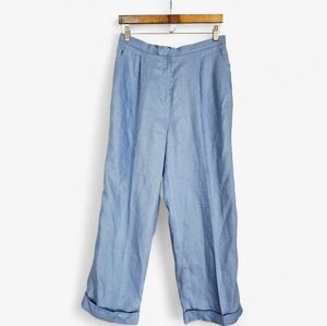 Vintage Lauren Ralph Lauren 100% Linen Blue  Wide Leg Pleated Cuffed Trousers 12
